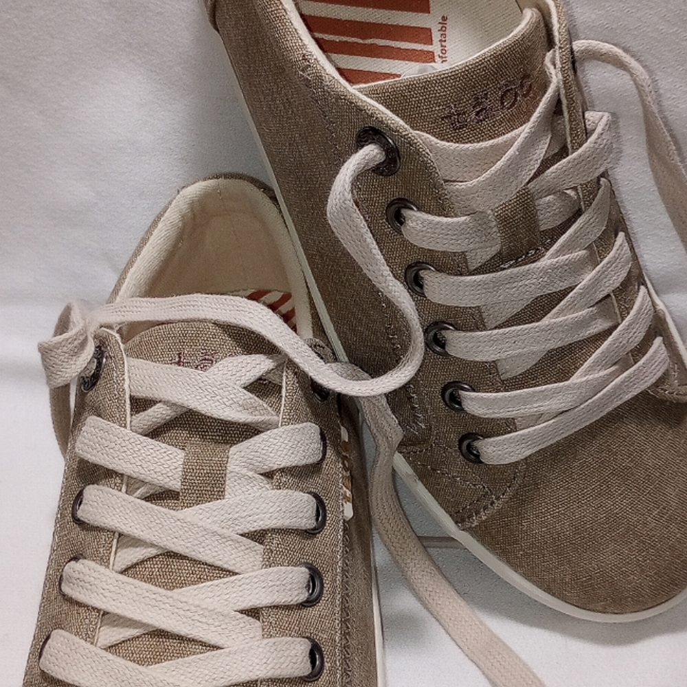 Taos Women's khaki canvas denim sneakers.